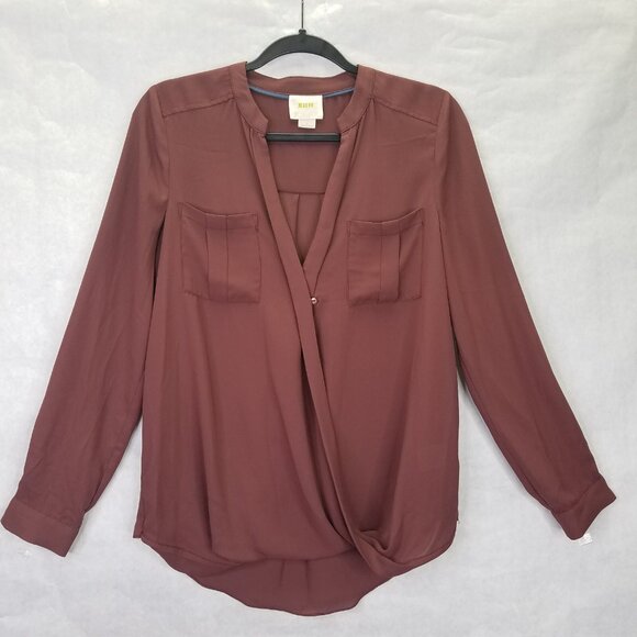 Anthropologie Maeve Eva Wrap Drape Front Blouse Women's Size 2 Crepe Taupe - Picture 1 of 16